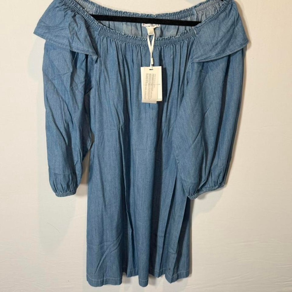 Blue denim off-the-shoulder mini dress